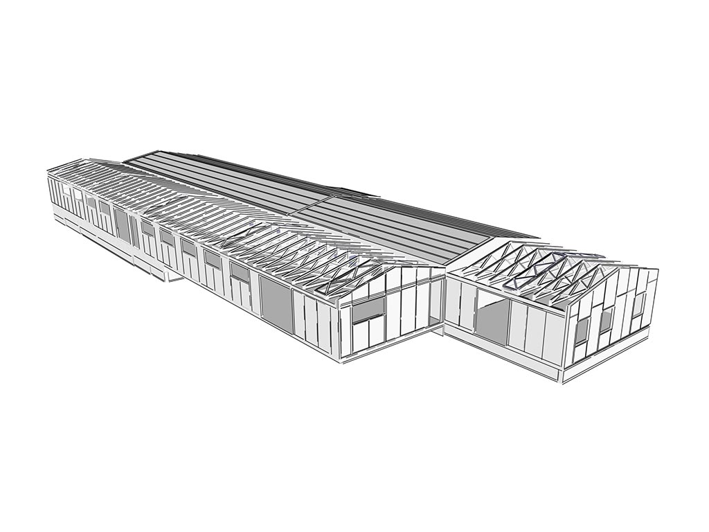 3D návrh nízkoenergetickej priemyselnej budovy systém sip
